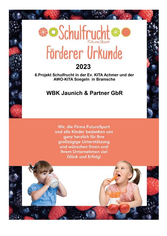 Urkunde Projekt Schulfrucht 2023 WBK Bramsche