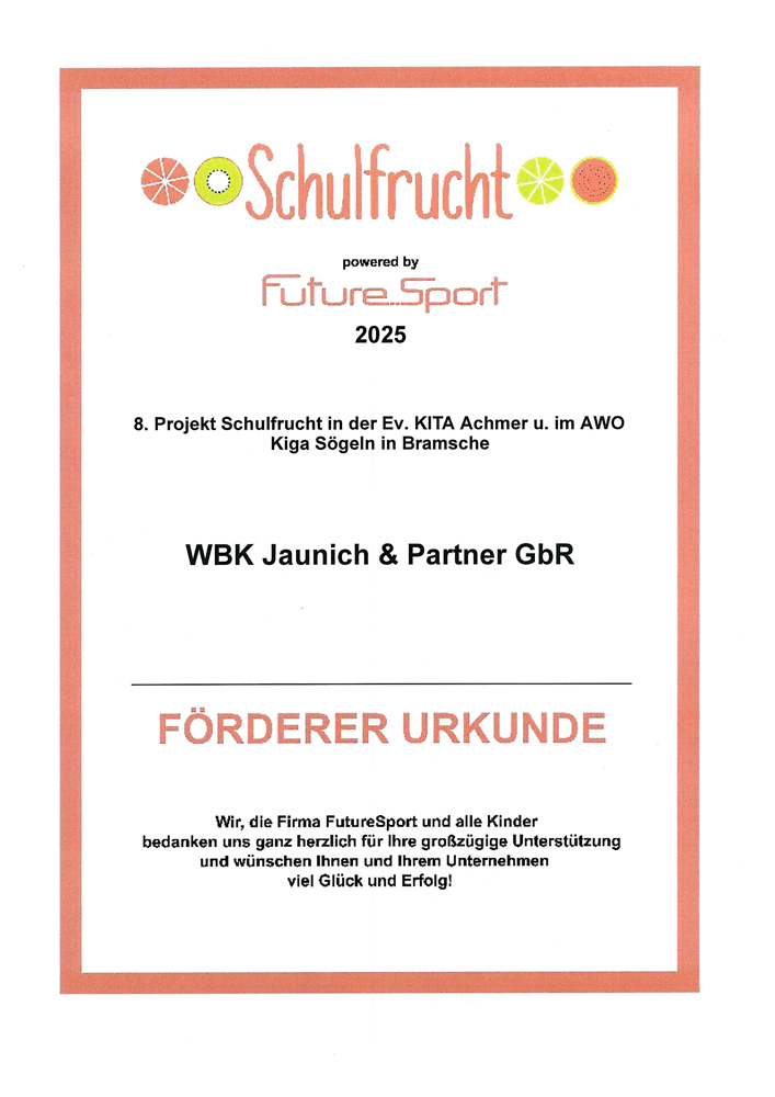 Urkunde Projekt Schulfrucht 2025 Jaunich & Partner GbR