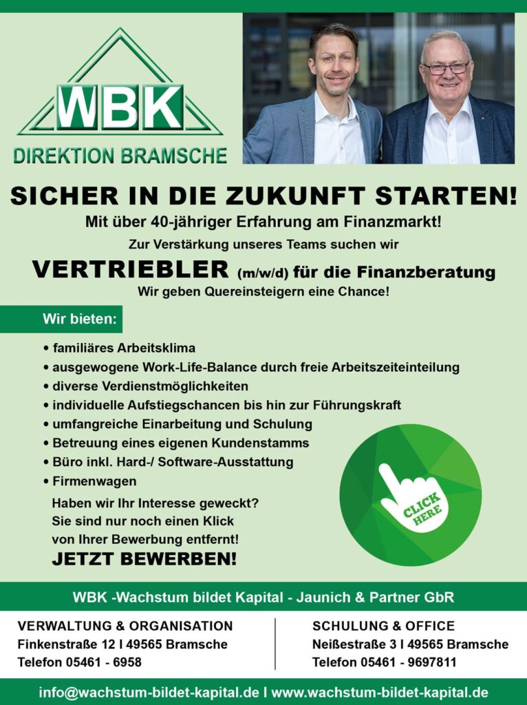 Stellenanzeige Vertriebler für Finanzberatung Jaunich und Partner GbR WBK Bramsche