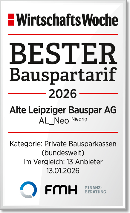 Siegel der Wirtschaftswoche für besten Bausparatarif der Alten Leipziger 2026